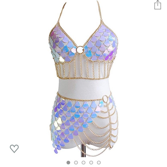 Holographic Chainmail Bikini with Gold Chains skirt crop top set